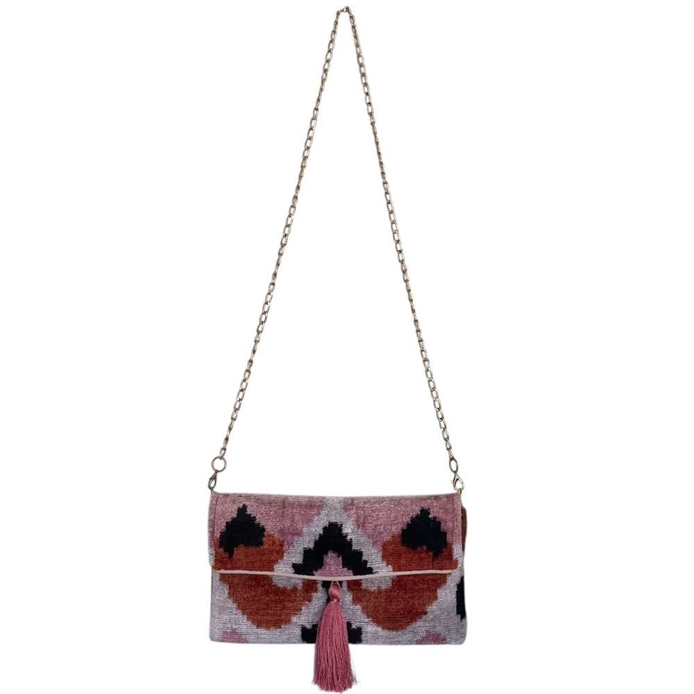 Fleurissant Newport Ikat Bag Clutch Gold Chain Tassel Pink Boho Crossbody